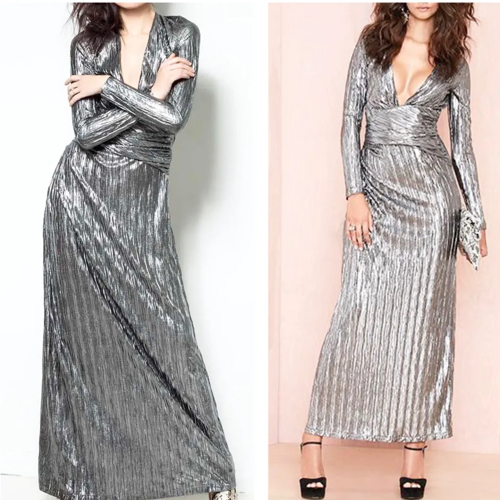 Nasty Gal Y2K Metallic Disco Maxi Dress Silver Fairy Goddess New Years Small - Image 2
