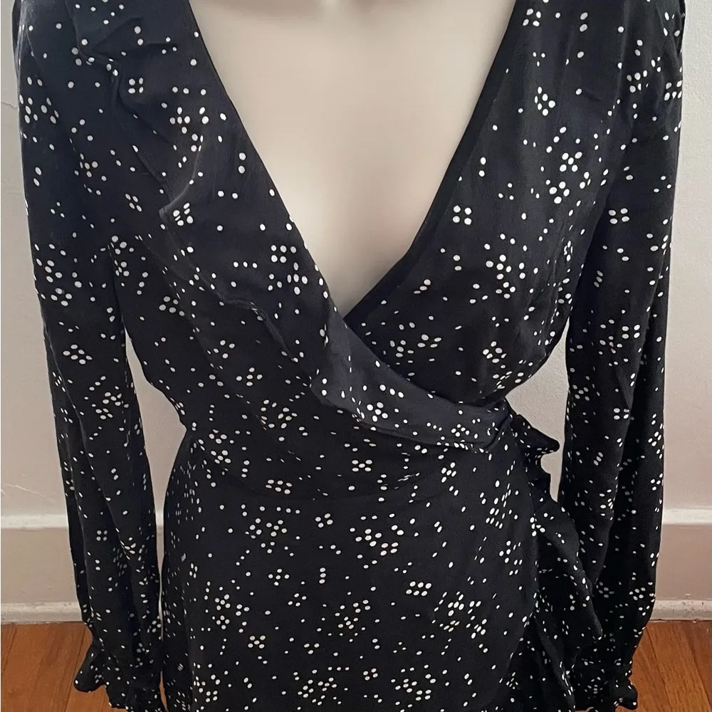 Privacy Please Revolve wrap black polka dots long sleeve mini dress, size S boho - Image 3