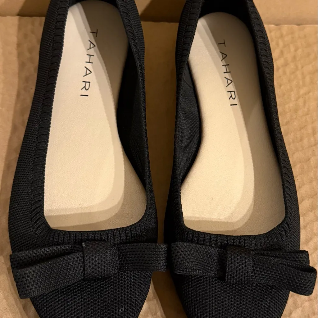 TAHARI Athens Black Bow Slip On Knit Ballerina Pointy Toe Classic Flats Size 9 - Image 2