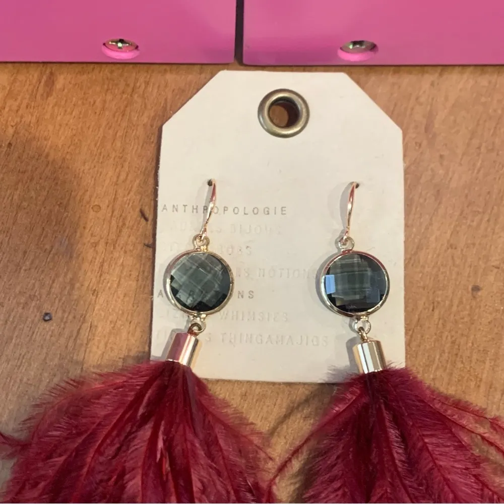 Anthropologie Drop Pierced Dark Red Feather Earrings With Enamel Gemstone Charm - Image 3