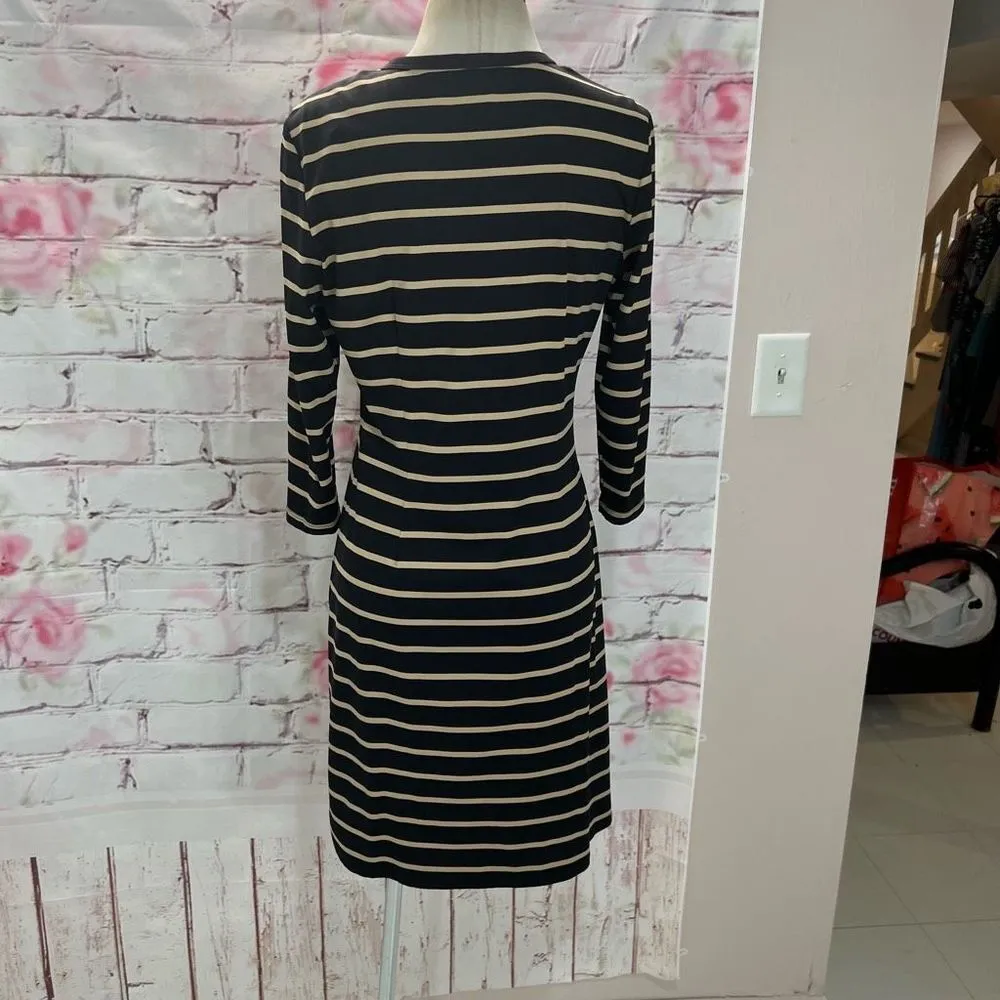 J. Mclaughlin Women's 3/4 Sleeves Black Tan Stripes Quarter Button Casual Dress - Image 5