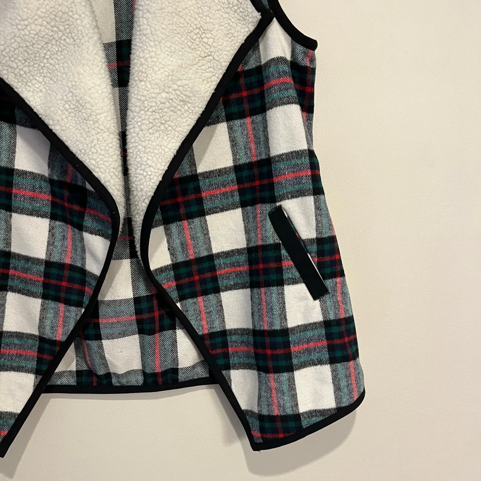 Christopher & Banks Tartan Plaid Vest Sherpa Open Front Wool Blend Petite Large - Image 3