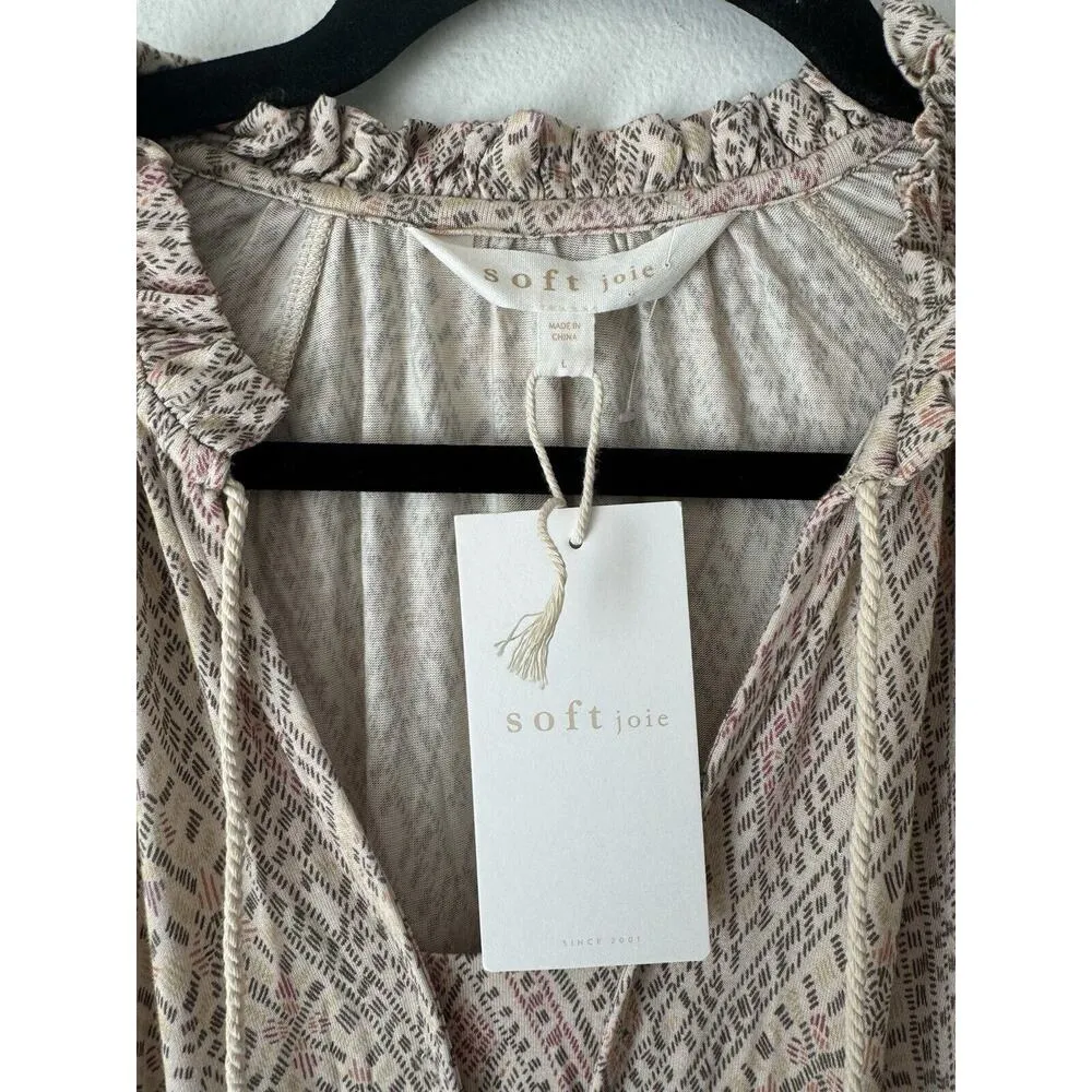 NWT Soft Joie Suki Long Sleeve Geo Print Smocked Waist Pullover Mini Dress Large Tan - Image 10