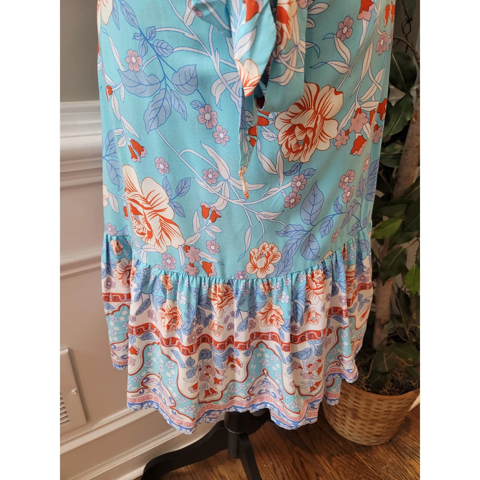 Zesica Dress Womens XL Blue Floral Wrap Short Sleeve Boho Midi Summer Rayon Size M - Image 8