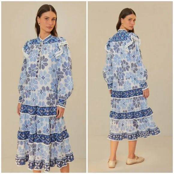 💕FARM RIO💕 Off-White Stitched Flowers And Girls Midi Dress ~ Small S NWT - Image 2