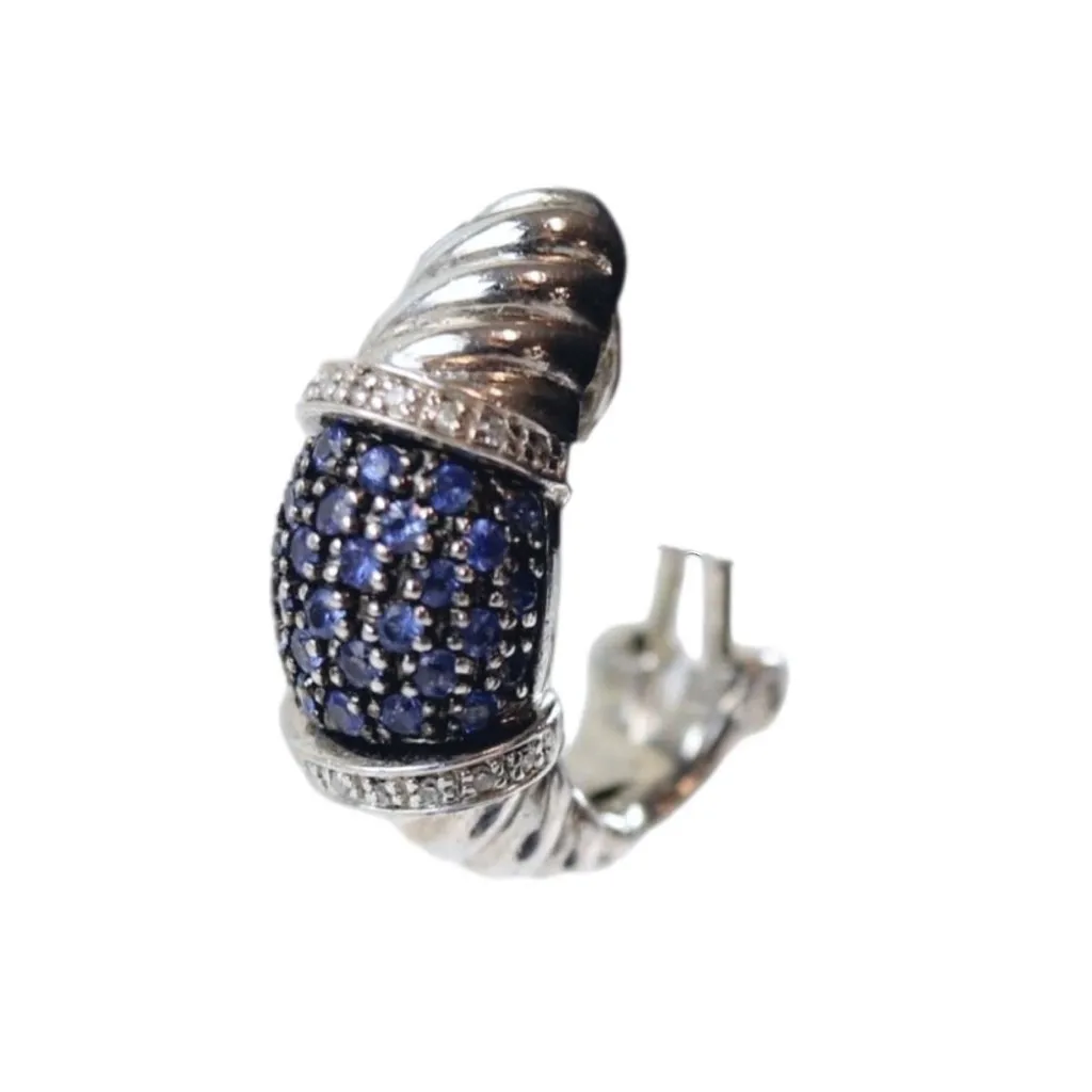 Blue Sapphire Diamond Accented Omega Back Sterling Silver Cable Design Earrings - Image 6