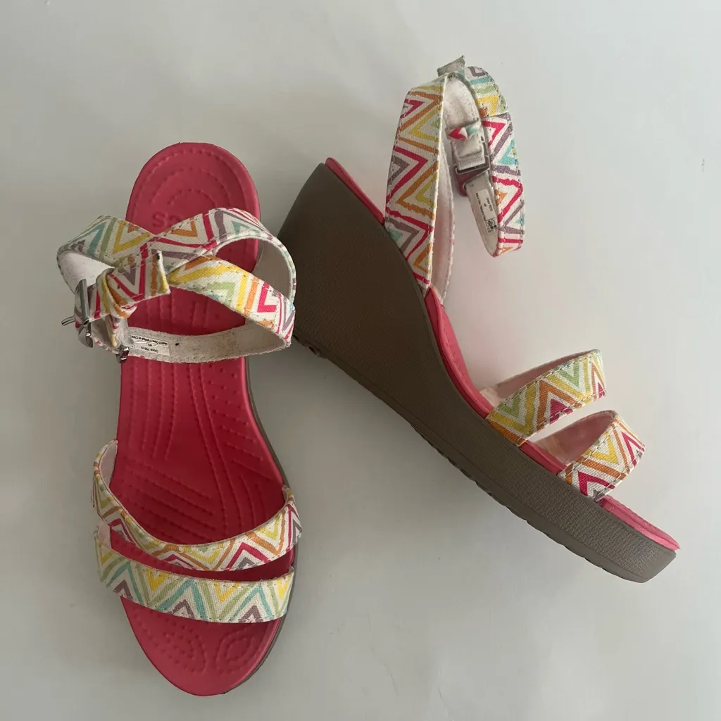 CROCS Vibrant Multicolor Wedge Strappy Sandals Size 9 - Image 2