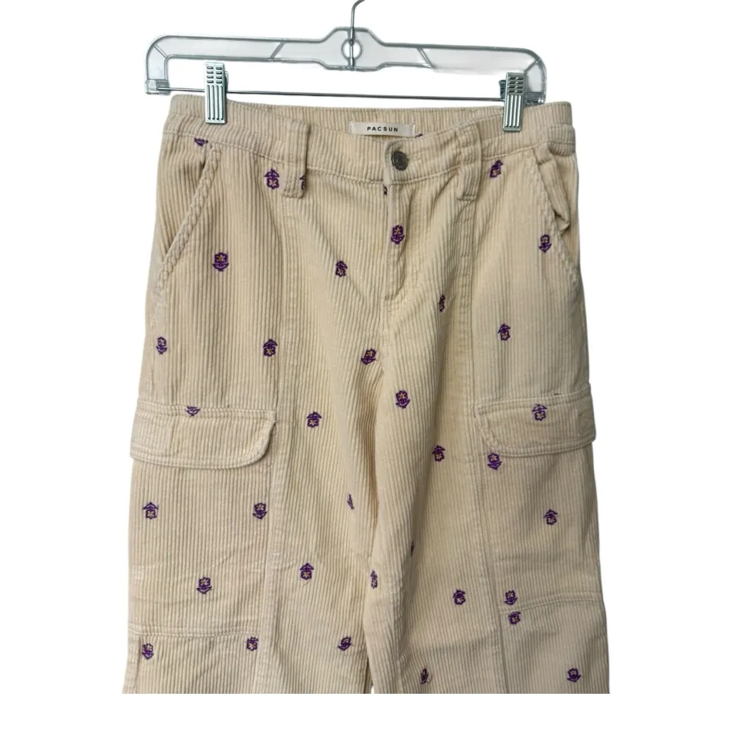 PacSun Low Rise Puddle Corduroy Cargo Pants Beige Purple Embroidered Size S - Image 3
