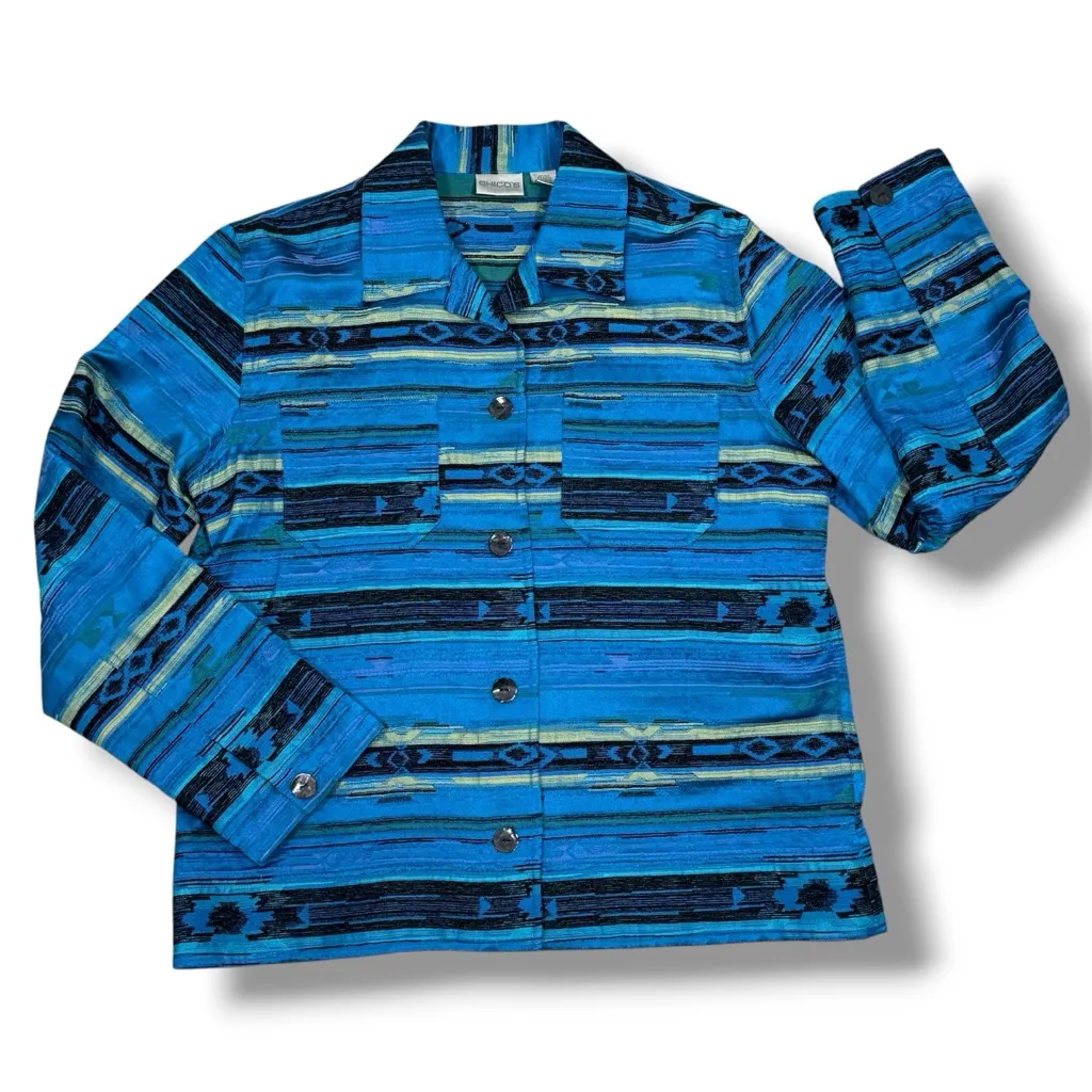 Chicos Silk Western Native Print Shirt Jacket Shacket Turquoise Blue Medium 1 - Image 11
