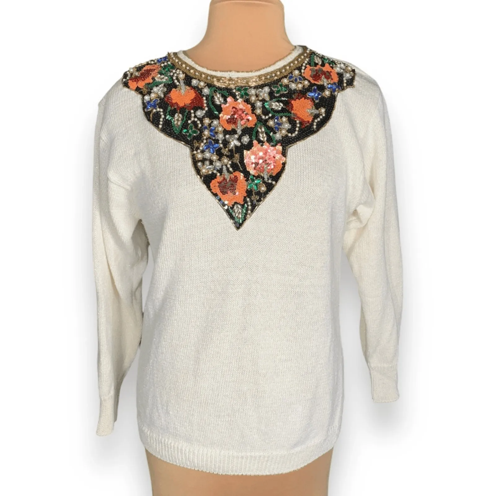 Vintage 80s Cream Sweater Beaded Sequin Floral Statement Holiday Party Knit Black Size L - Image 2
