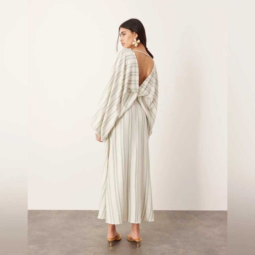 NWOT ASOS EDITION vneck drapey maxi dress in linen mix cream green stripe size 6 - Image 4