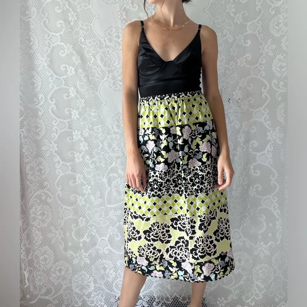 Handmade Multipattern Tiered Purple & Green & Black Elastic Waist MIDI Skirt Size undefined - Image 4