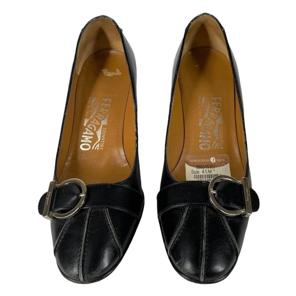 SALVATORE FERRAGAMO Black Leather Round Toe Low Heel Pumps Size 4.5 B Heels - Image 2
