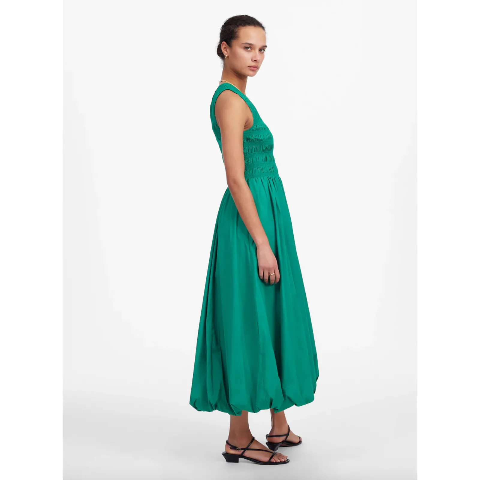 Madewell The Melody Bubble Hem Smocked Midi Dress Poplin Verdant Green Large NWT - Image 4