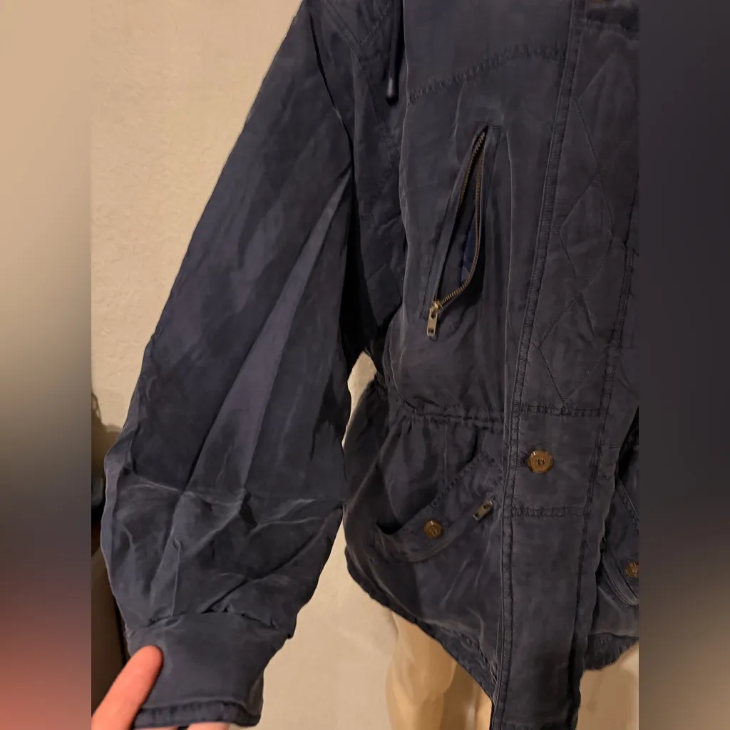 100% Silk BLUE Jacket Zip On Hood MED Oversized Zip Up Drawstring At Waist - Image 4