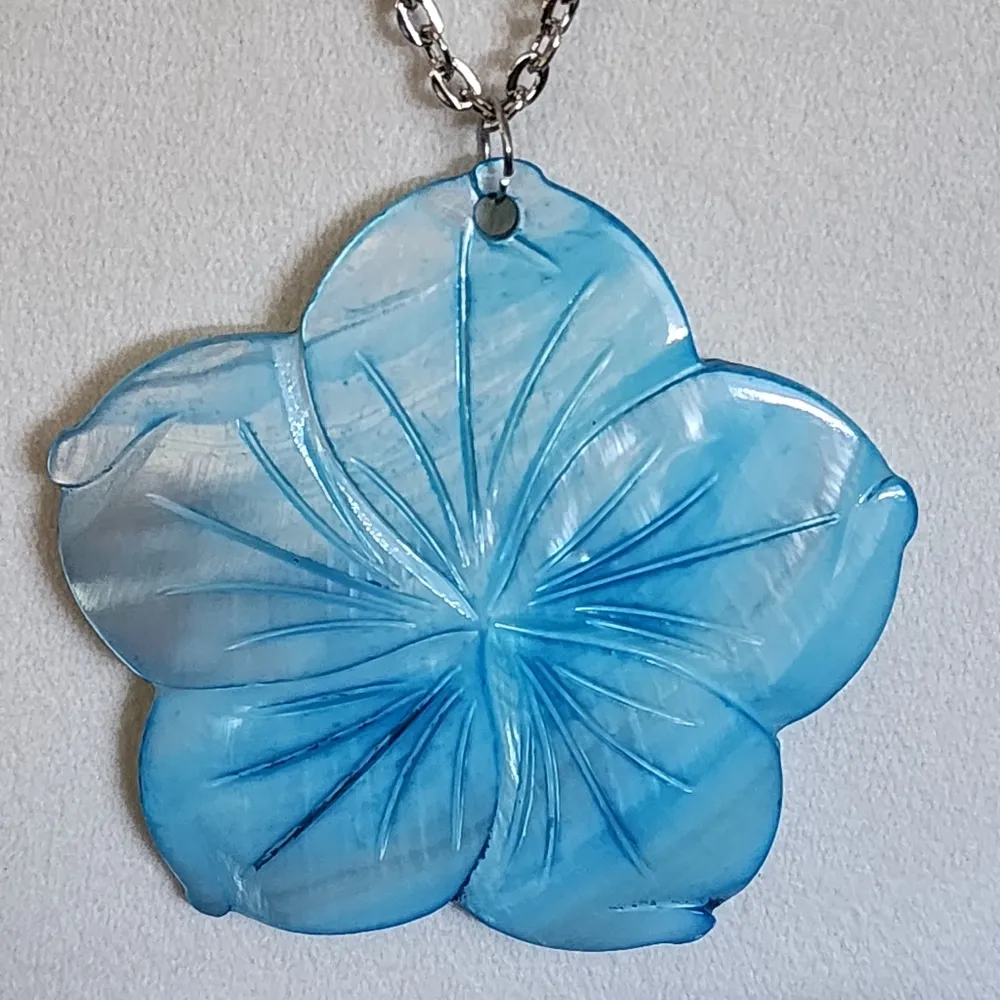 Boho Blue Mother of Pearl Plumeria Flower Necklace with Matching Earrings Set - Image 2