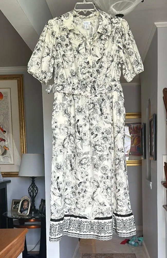 Nicole Miller Floral Puff Sleeve Belted Midi Dress Sz 12 - Image 3