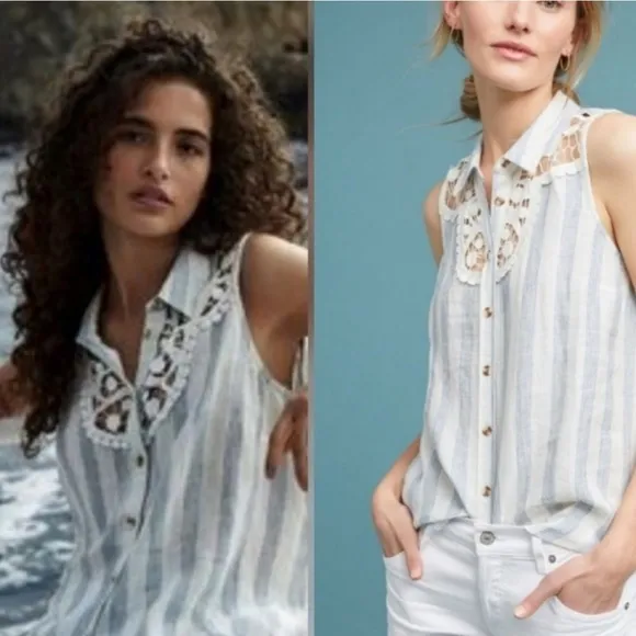 Anthropologie Maeve Edinboro Linen Top blue white sz M - Image 2