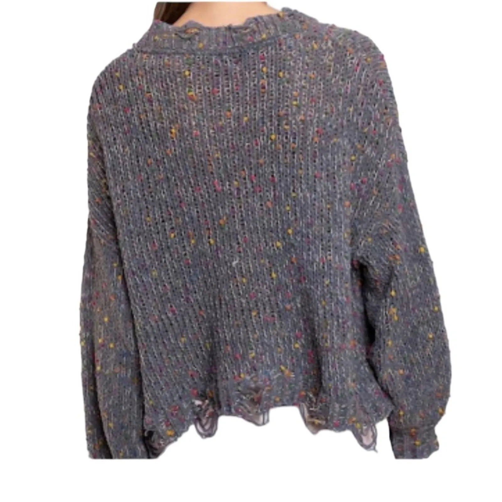 POL Distressed Sweater Small | Gray Ripped Sweater with Rainbow Confetti Detail - Image 3