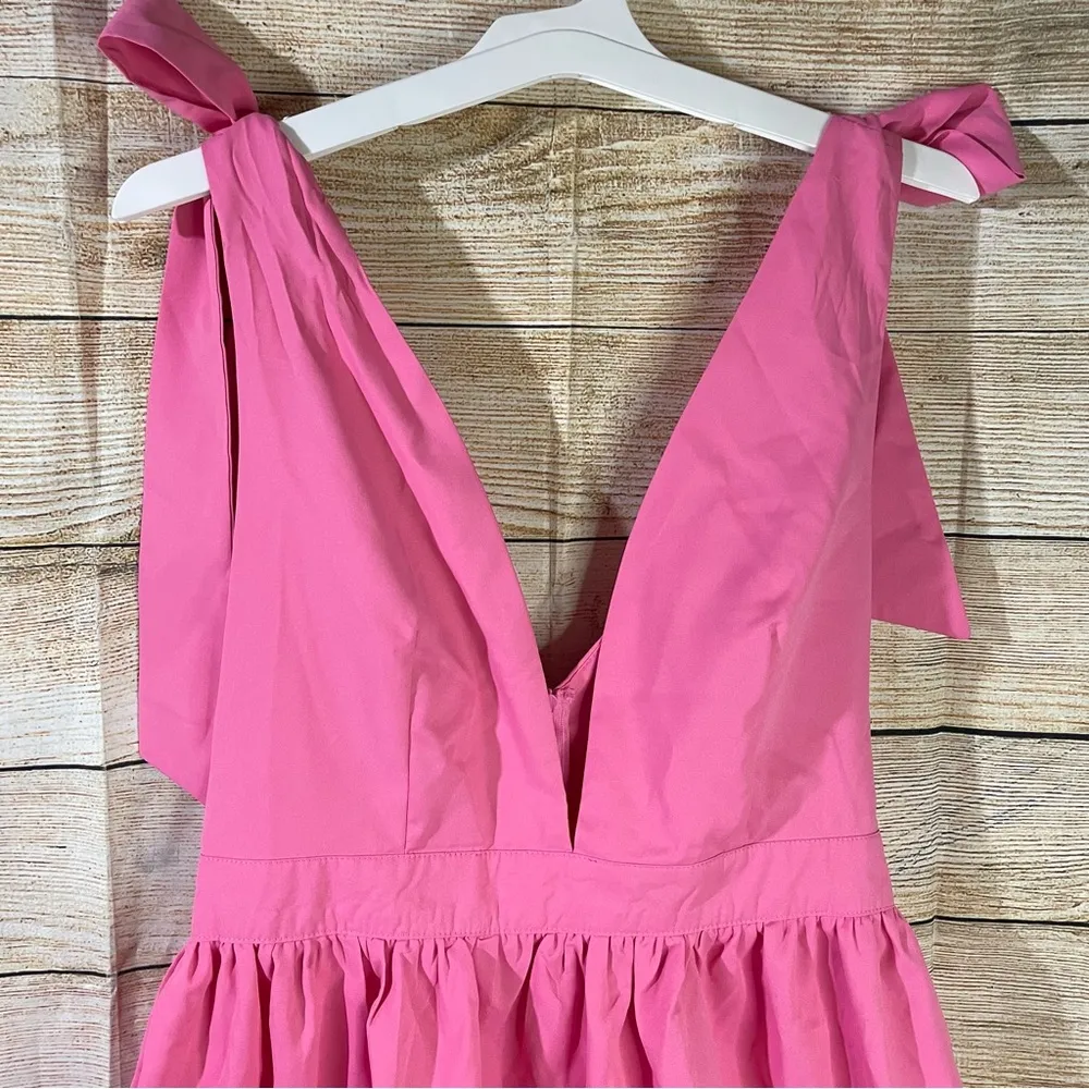 deep v-neck tie shoulders ruffle hem A-line pink dress women Size Large - Image 7