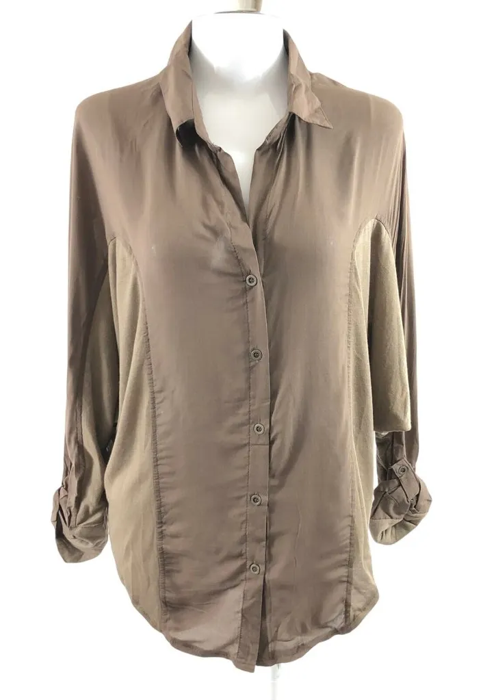 Pretty Good Womens Top Hi Lo Button Down Blouse Roll Tab Sleeve Brown Size S - Image 1