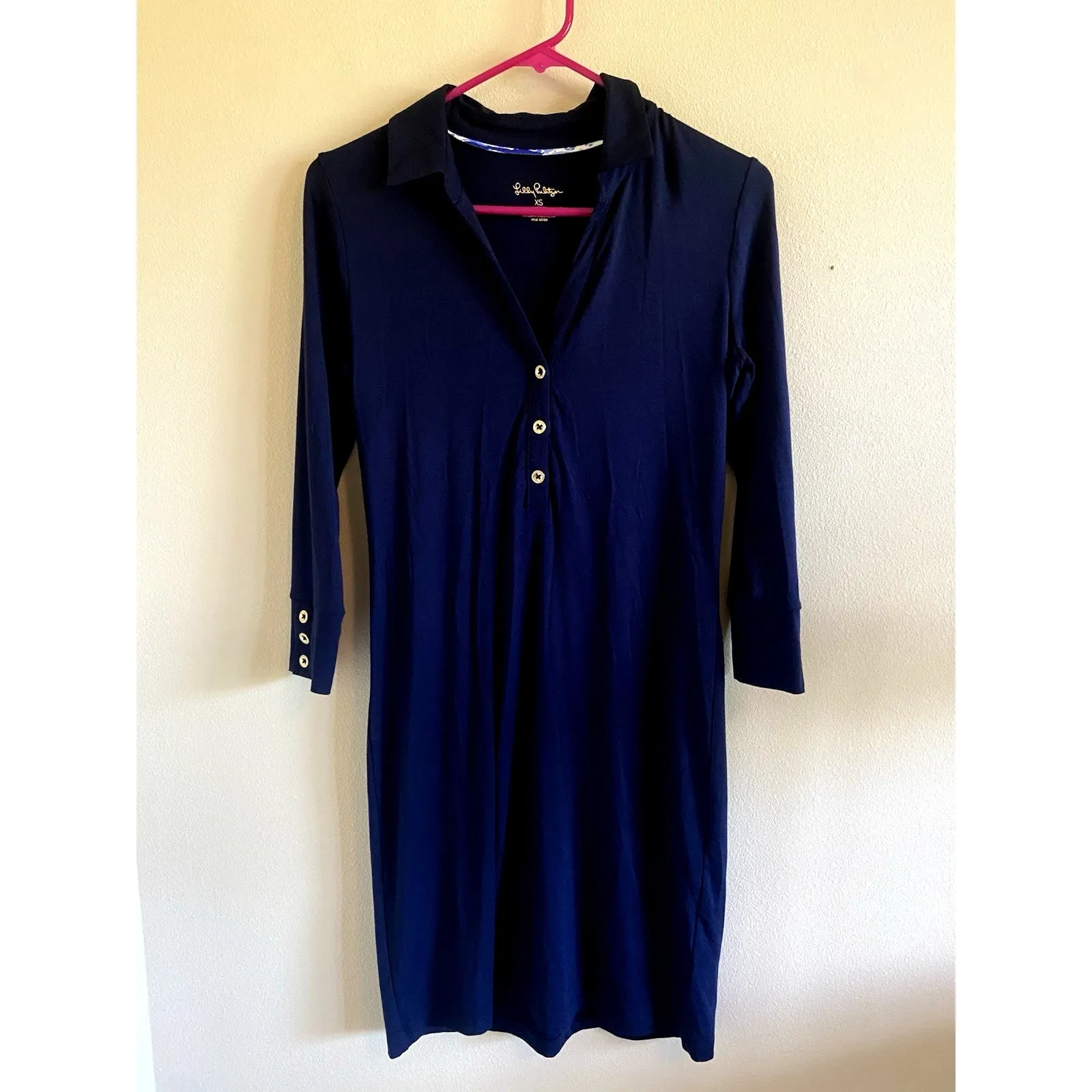 Lilly Pulitzer Navy Blue Gold Tone Button Collared Jersey Knit Dress‎ Womens XS - Image 9