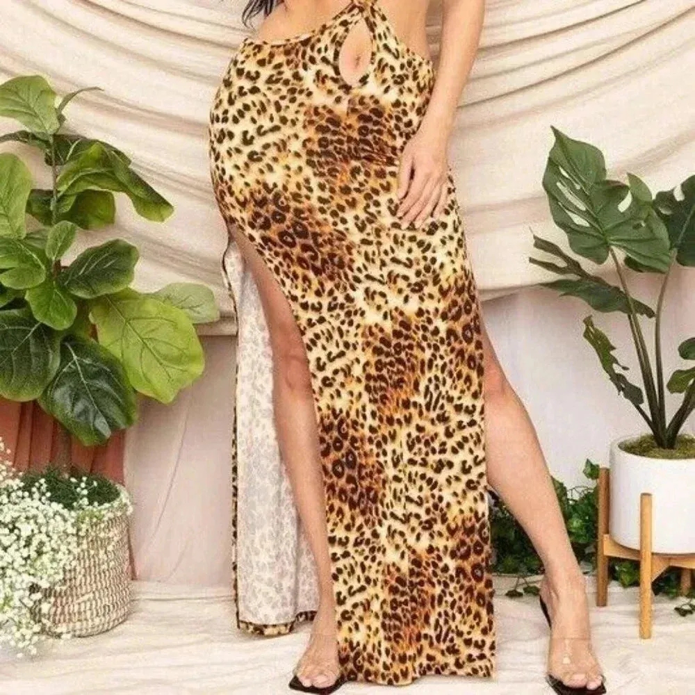 Leopard Size Large Cut Out Bodycon Maxi Dress. New Gold - Image 4