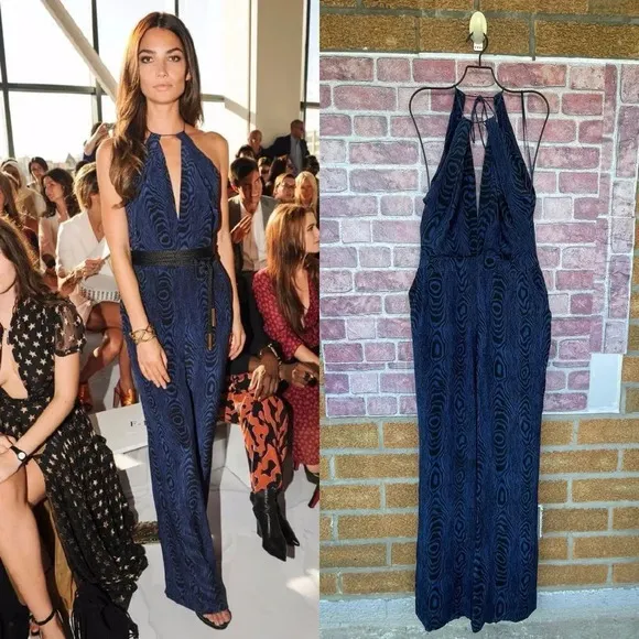 Diane von Furstenberg Blue Black Wood Grain Print Silk Jumpsuit Sz 4 - Image 2