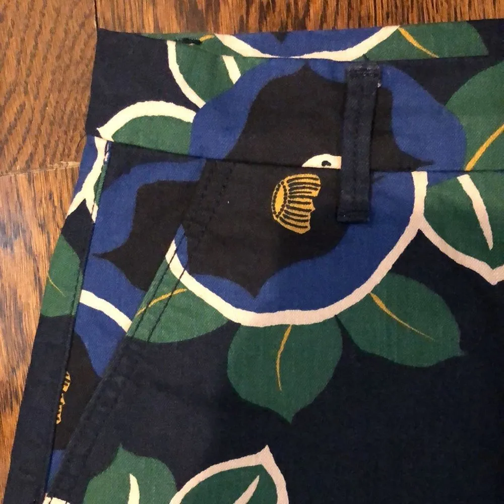 TORY BURCH Navy Emerald & Black Pencil Skirt with Oversized Floral Pattern Sz 2 - Image 9