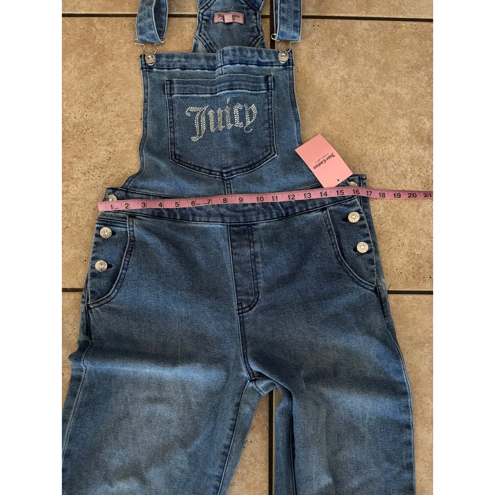 Juicy Couture Size Med Wash Denim Overall Rhinestone Logo Wide leg Size Med New - Image 8