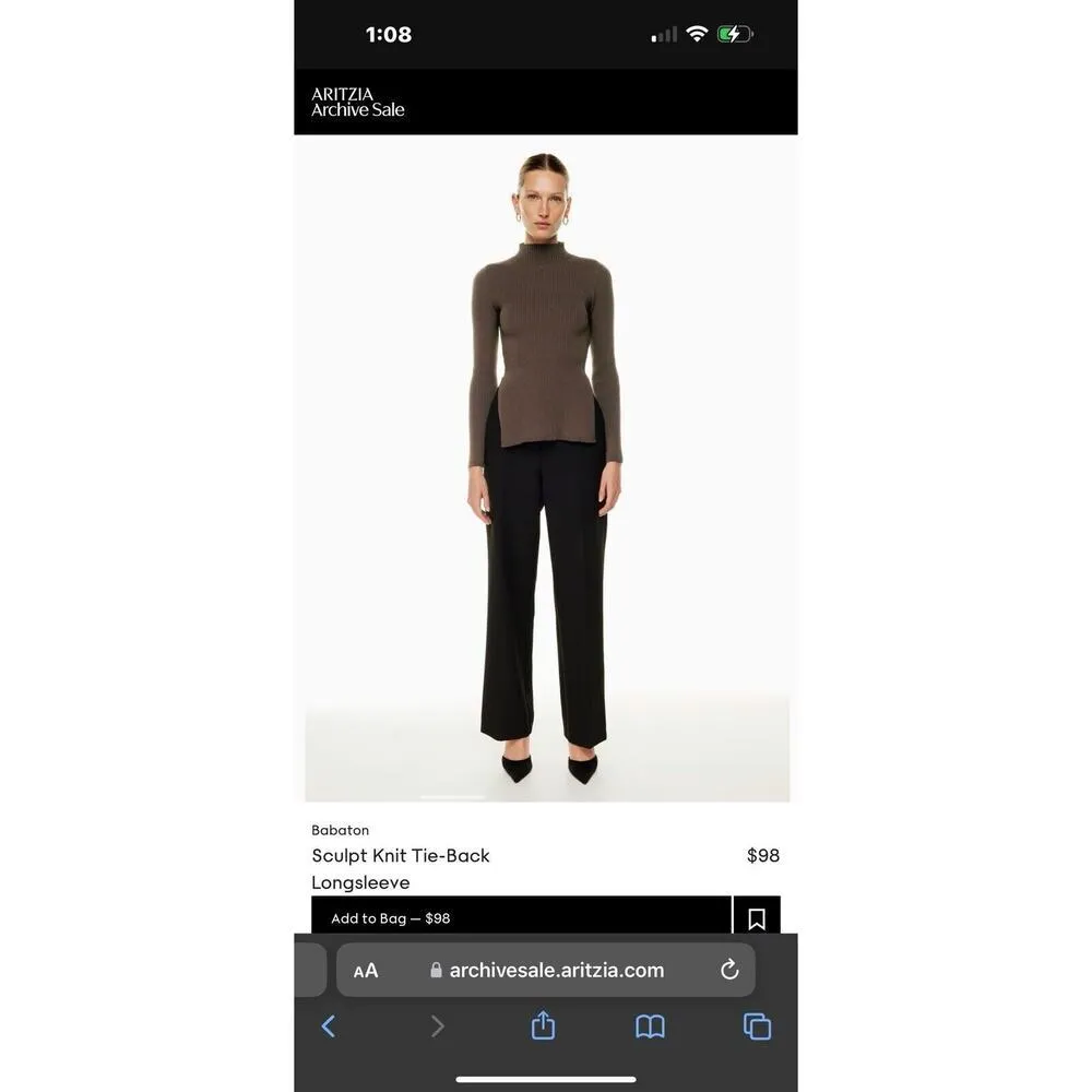 Babaton Aritzia Sweater Sz Xs Sculpt Knit Tie Open Back Ribbed Brown Mockneck​ - Image 2