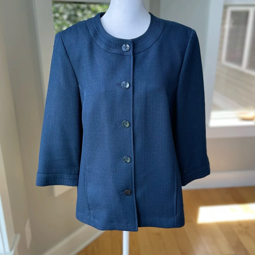 Vintage Alfred Dunner Minimalist Navy Blue Woven Swing Jacket Contrast Stitch - Image 11