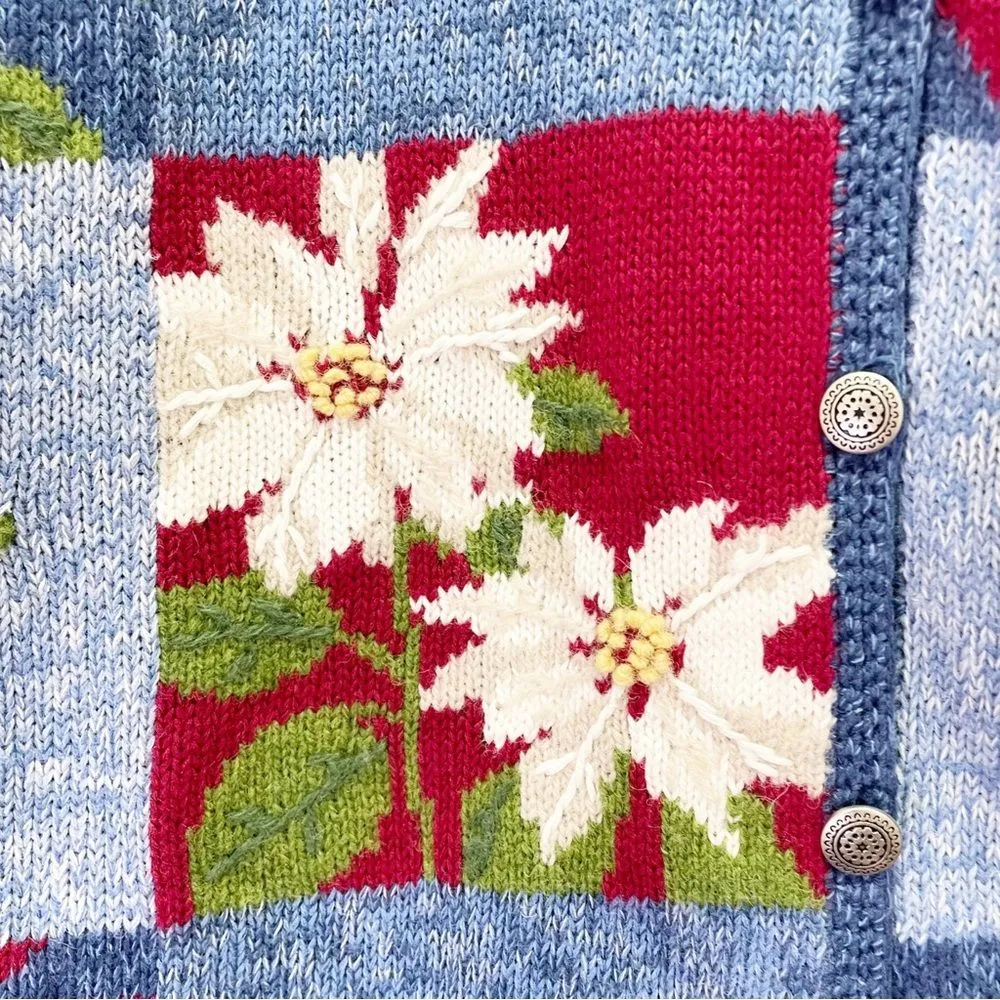 NWT Vintage Northern Isles Christmas Poinsettia Patchwork Cardigan Size Large Blue - Image 5