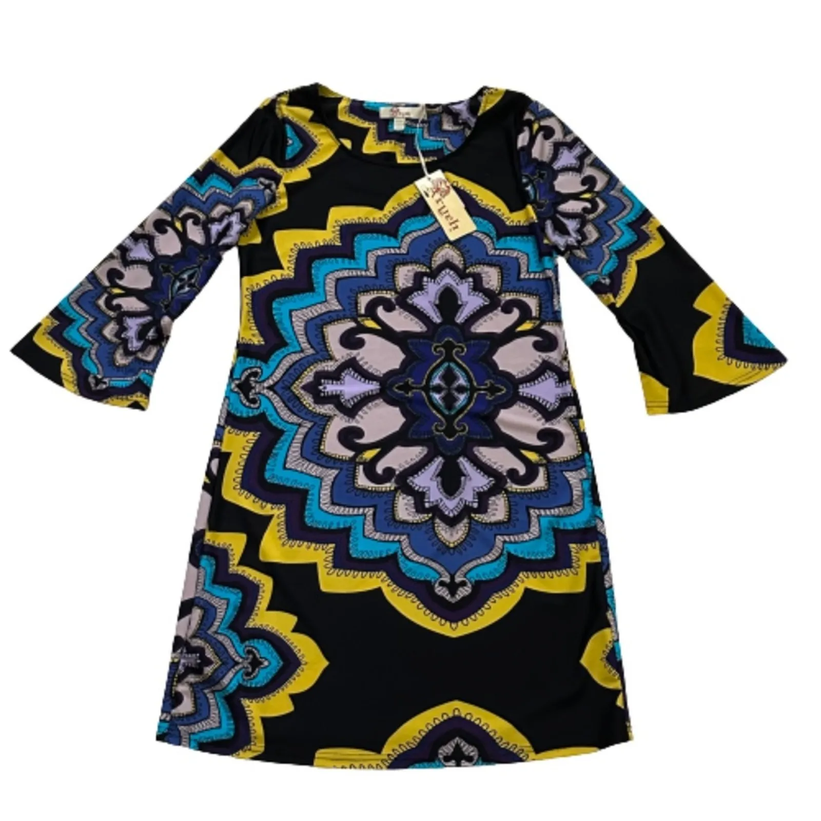 ARYEH Dress Retro Colorful Medallion Print 3/4 Bell Sleeve Shift Dress Small NEW - Image 3