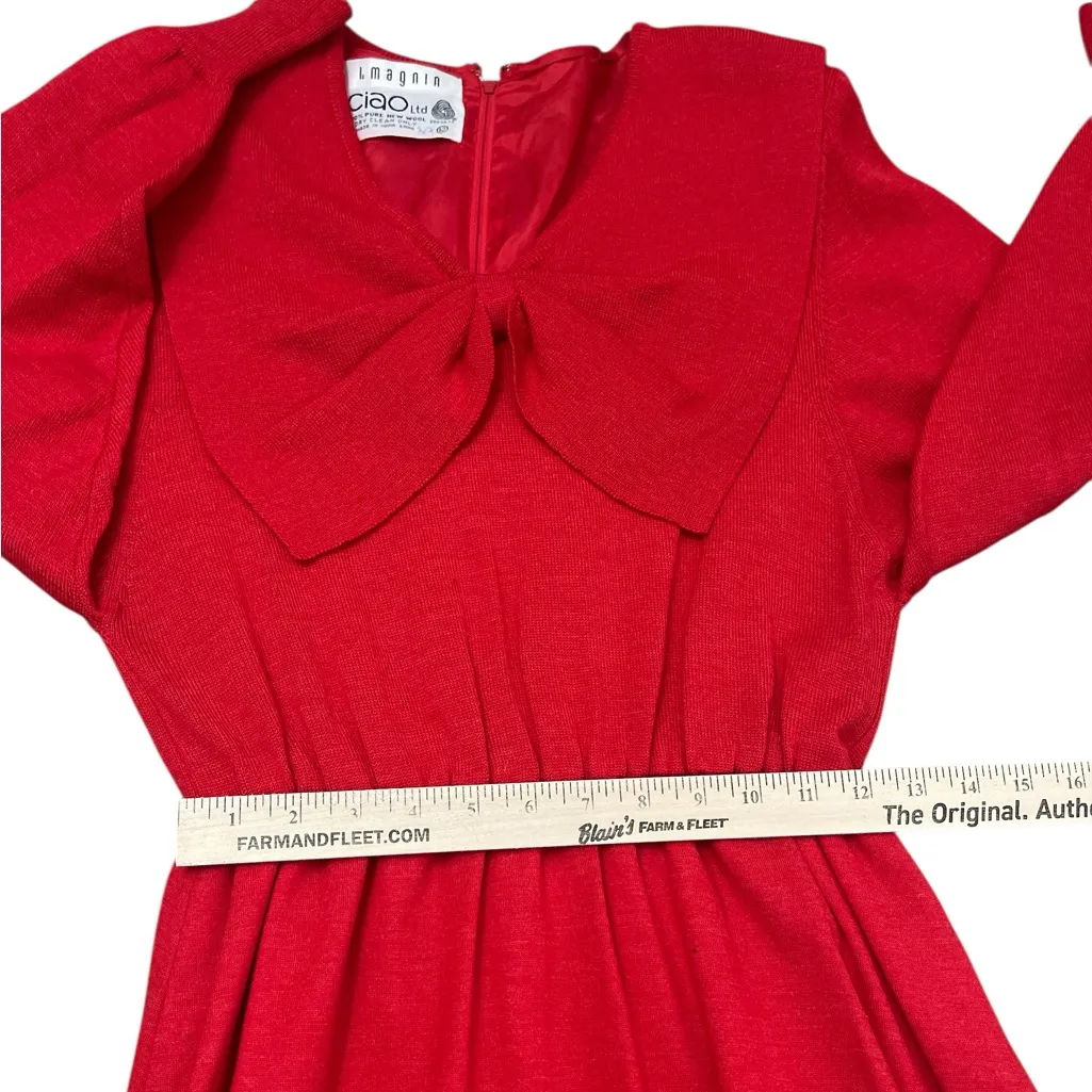 Vtg Ciao Ltd I. Magnin Red Wool Exaggerated Bow Long Sleeve Dress Size 12 - Image 8