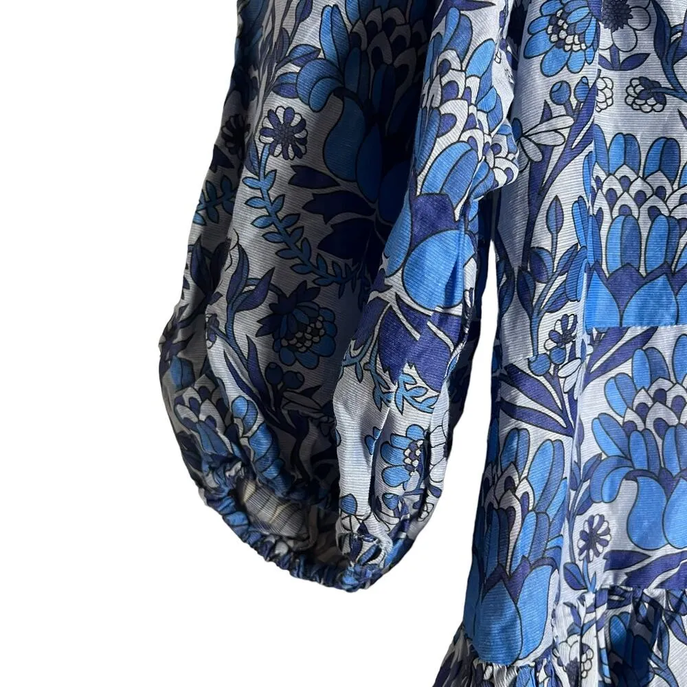 Sandro Yana Blue Floral Print Puff Sleeve V-Neck Tiered Mini Dress Size M - Image 10