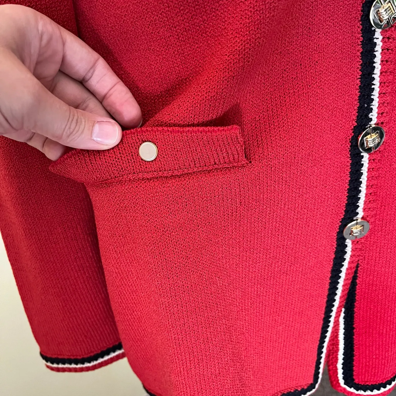 Y2K St. John Collection Red Knit Jacket & Striped Shell Set Small Santana Knit - Image 4