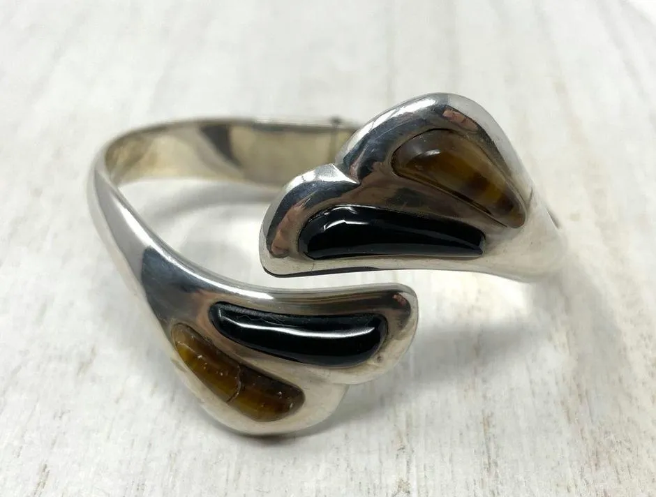 TAXCO Sterling silver, Onyx, Tiger’s Eye hinged bracelet - Image 4