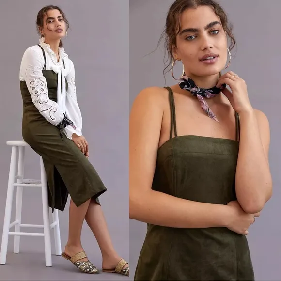 Anthropologie • Sueded Slip Midi Dress green faux suede strappy a-line - Image 2