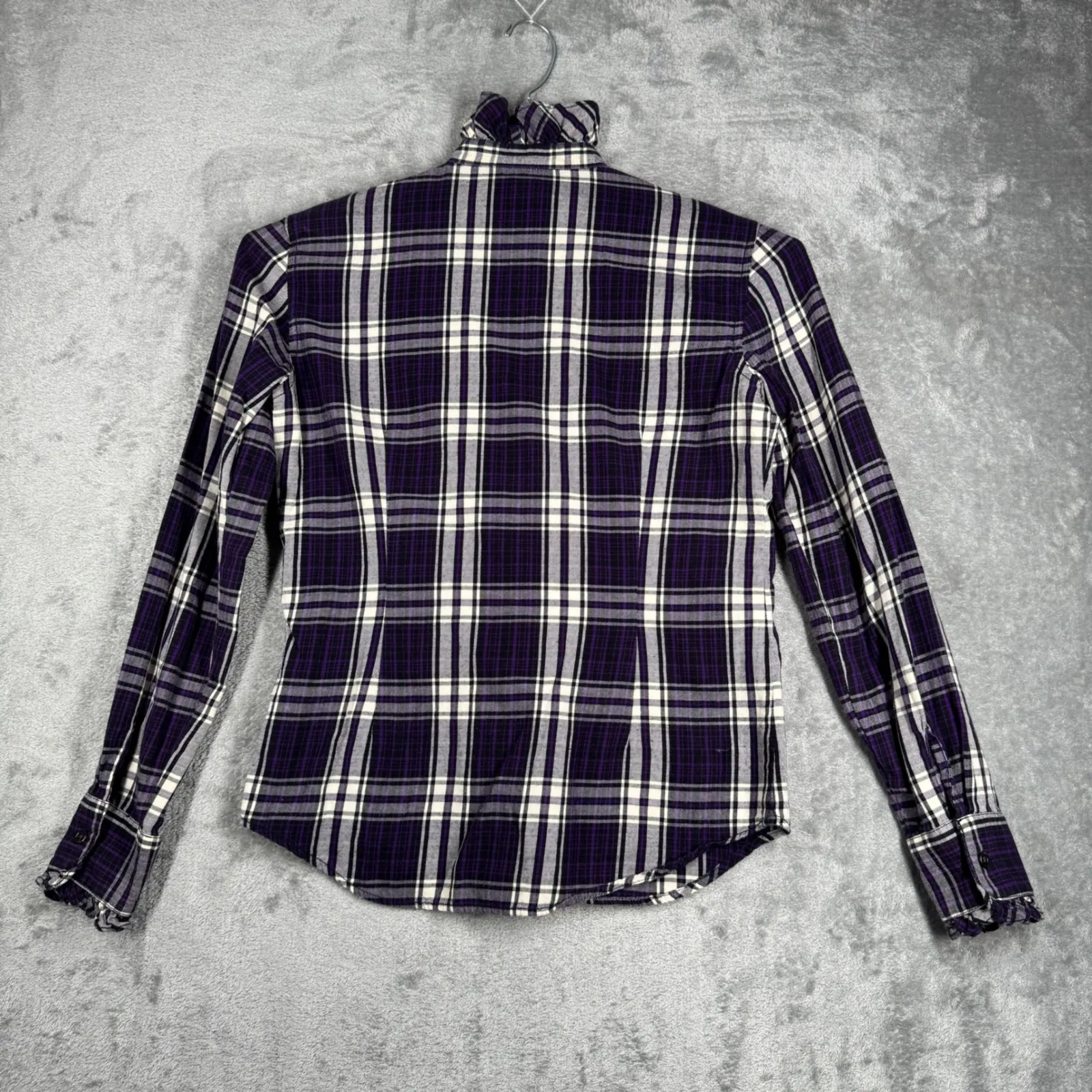 Lauren Ralph Lauren Shirt Purple White Plaid Ruffle Button Down Preppy Womens XS - Image 3