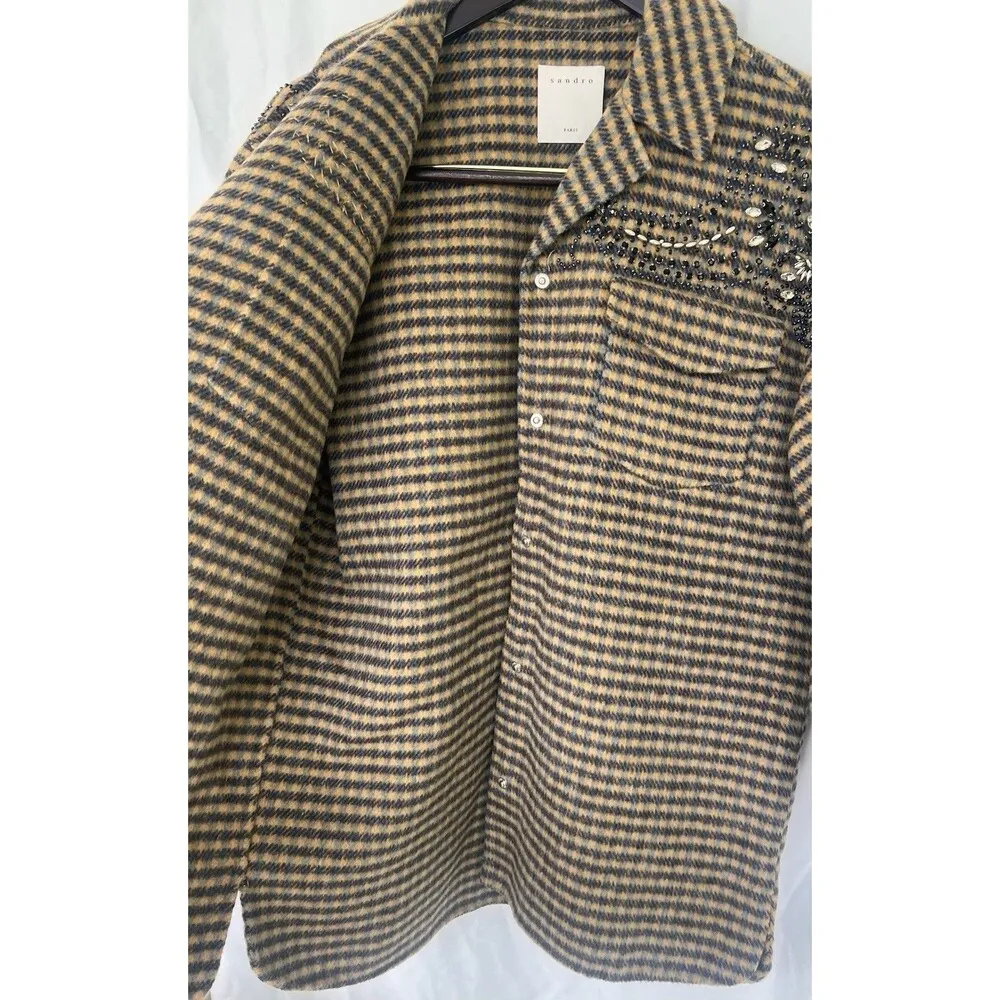 Sandro Paris Brodan Beaded Plaid Check Coat Wool Blend Button Front EU 38 US 6 - Image 11