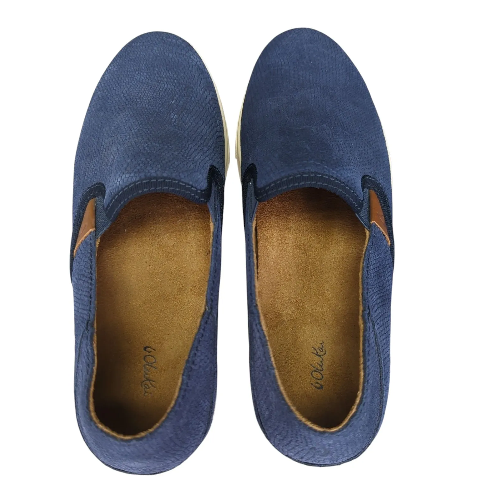 OluKai Womens Pehuea Leather Slip On Sneakers Blue‎ Textured Casual Comfort Blue Size 9 - Image 4