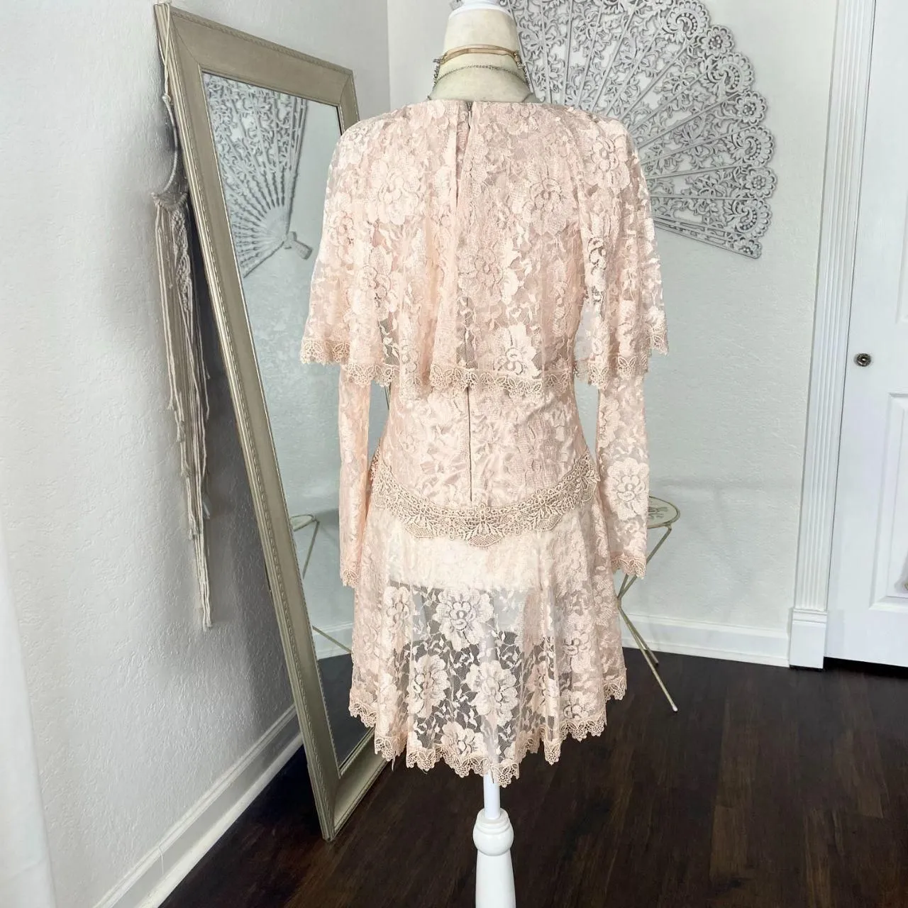 Vintage Ethereal Light Blush Pink Sheer Asymmetric Lace Mini Tunic Dress S - Image 6