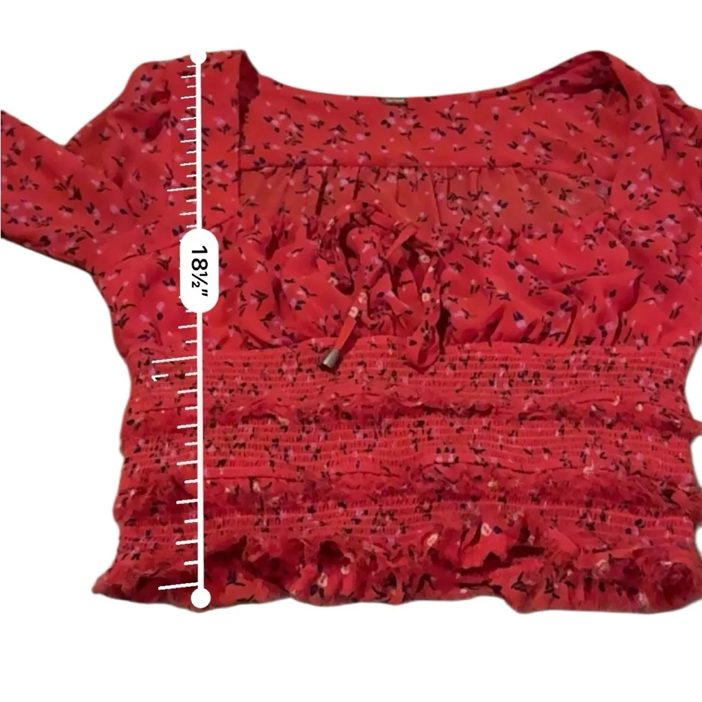 Free People Lolita Smocked Red Floral Long Sleeve Cropped Top Sz‎ XS - Image 9