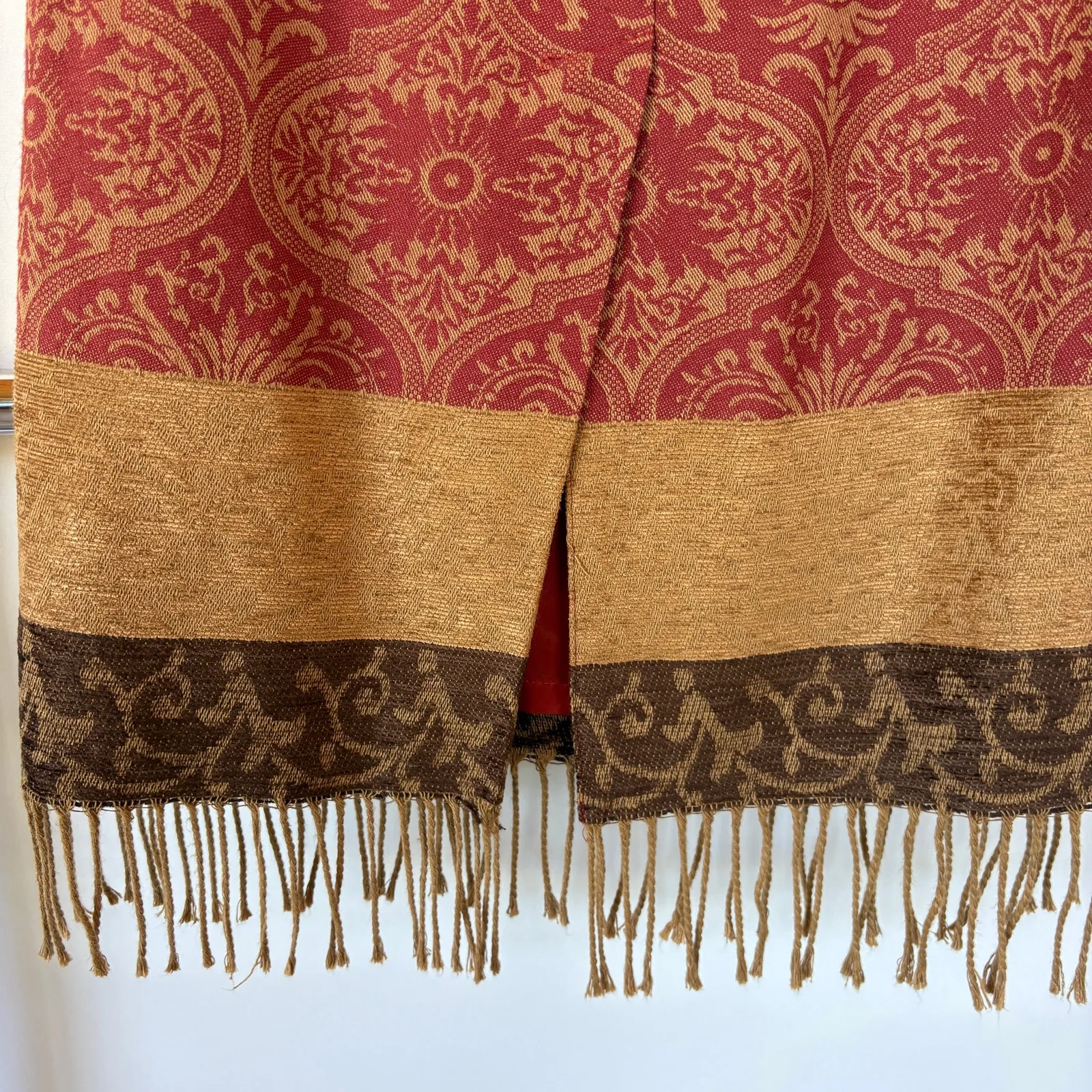 Vintage 90s Tapestry Midi Skirt Fringe Red Whimsygoth Modest Size 8 Petite - Image 4