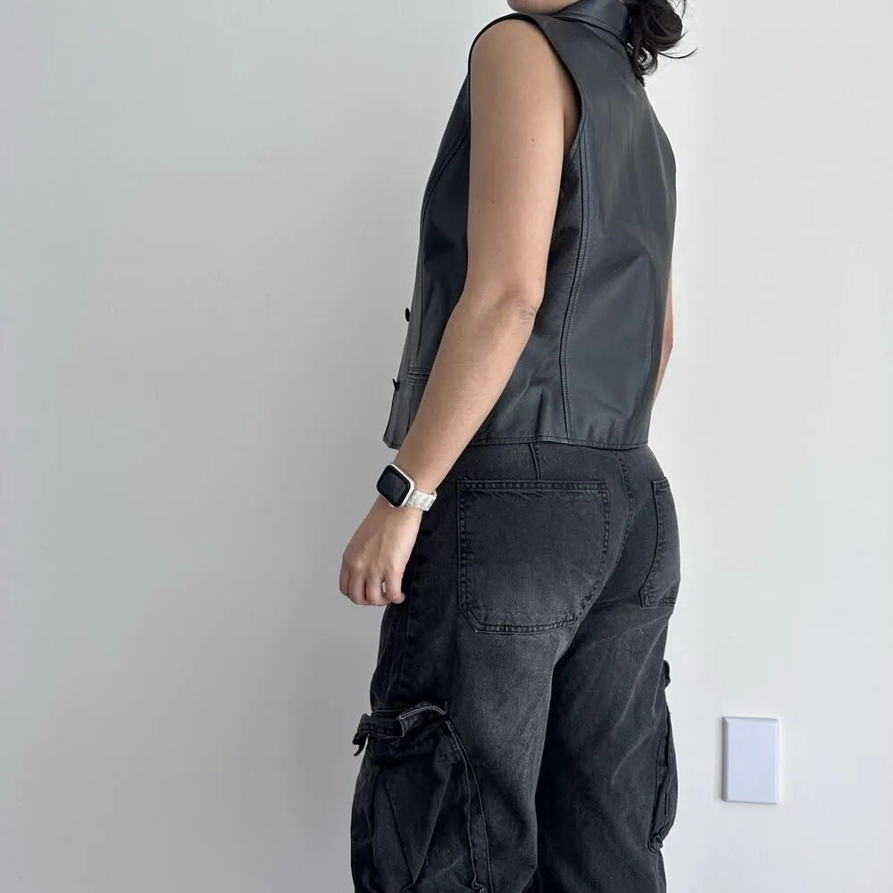 Vintage Leather Vest Womens Medium Sleeveless Jacket Grunge Moto Biker Goth Edgy Black - Image 4