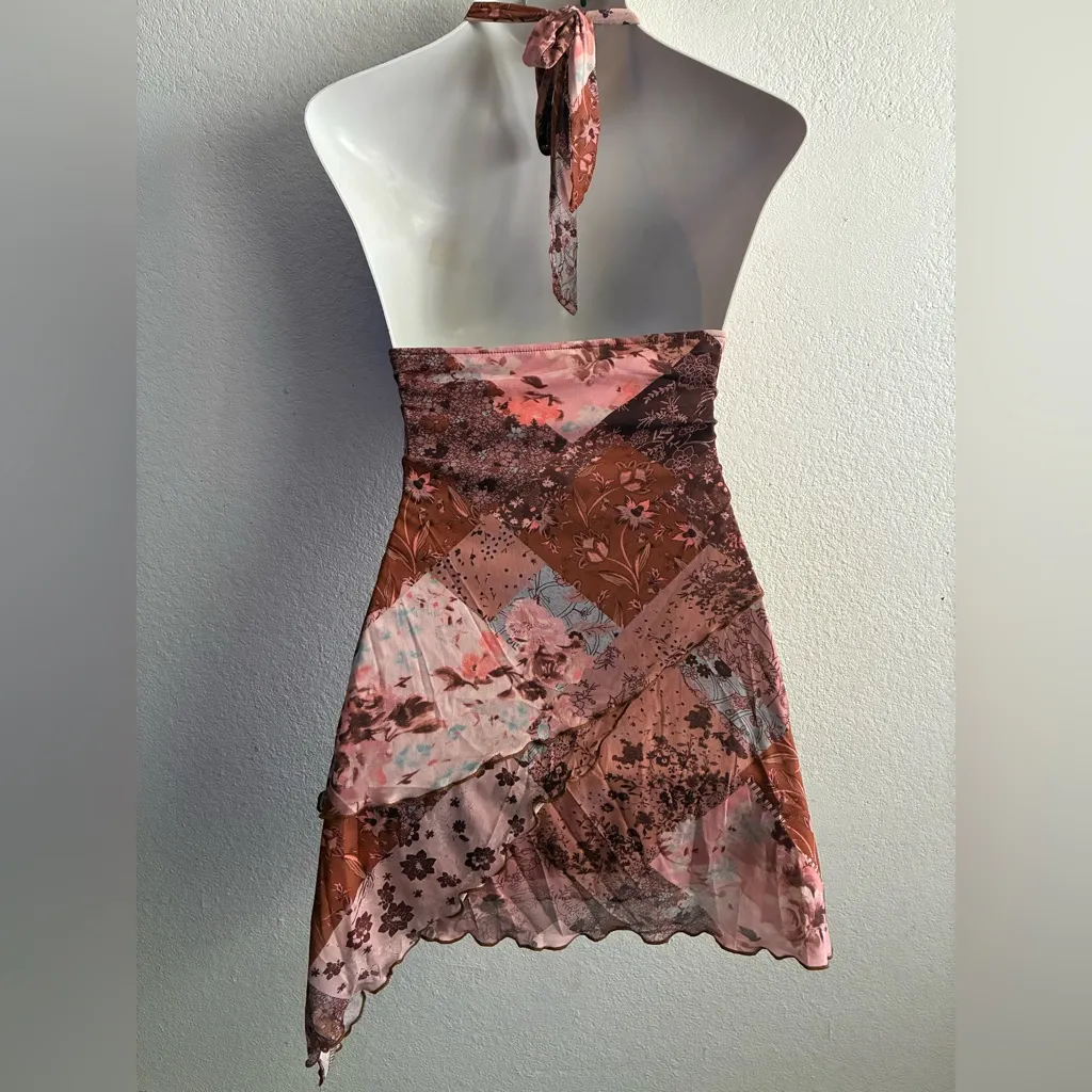 SheIn  Y2K Floral Halter Boho Backless Rusty Orange Patchwork Mini Dress S - Image 4