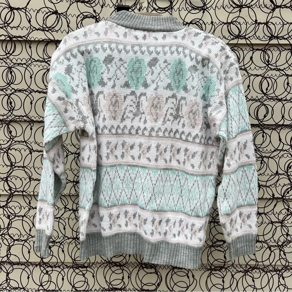 Vintage 80s Jonathan Cass pastel pink gray white blue fair isle floral sweater Size M - Image 2