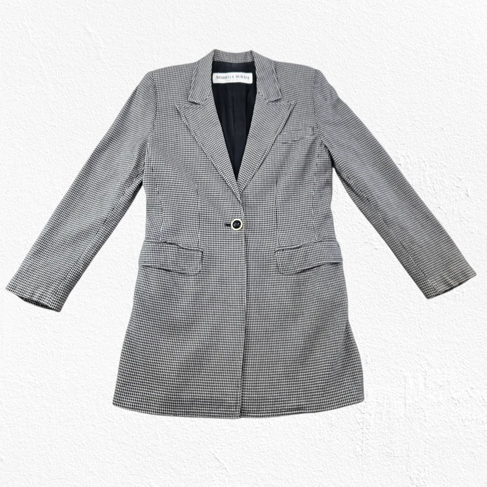 Vintage 90s Mariella Burani Houndstooth Longline Blazer Jacket Italy Made Size 4 Black - Image 6