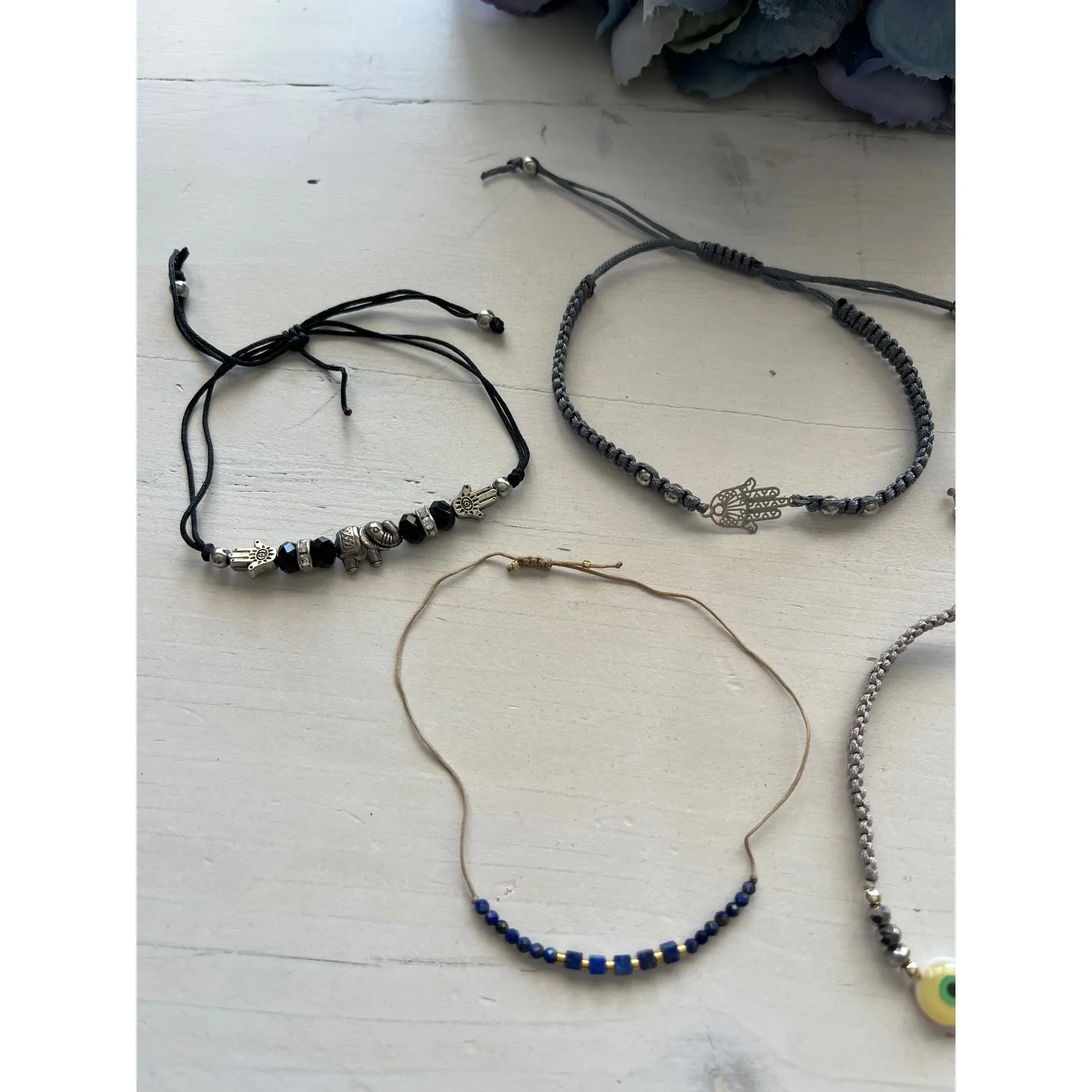 Handmade Beaded Bracelet Set Evil‎ Eye Hamsa Adjustable Cord Boho Blue - Image 3